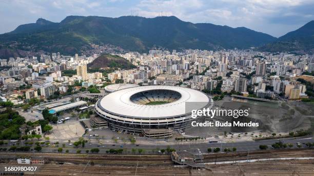 Aerial view of the Maracanã stadium on September 14, 2023 in Rio de Janeiro, Brazil. The stadium has been closed since August 26th, to restore the...