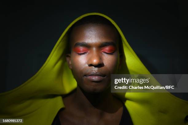 Model backstage ahead of the Fashion Declares! Regeneration show during London Fashion Week September 2023 at Conway Hall on September 14, 2023 in...