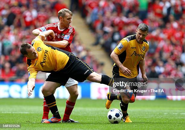 Brett Ormerod of Wrexham battles with Michael Flynn of Newport County during the Conference Premier play-off final match between Wrexham and Newport...