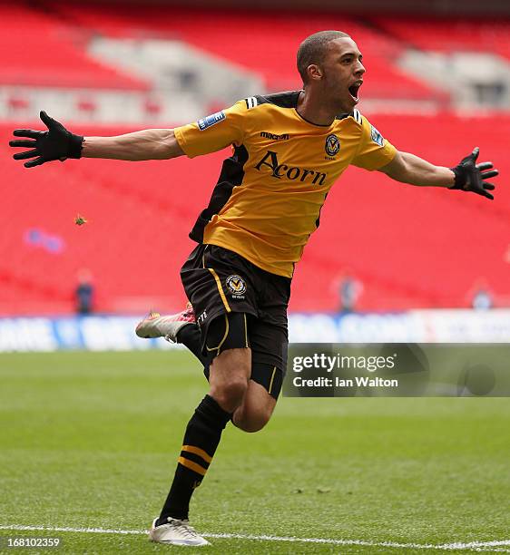 Christian Jolley of Newport County celebrates scoring a goal during the Blue Square Bet Premier Conference Play-off Final between Wrexham and Newport...
