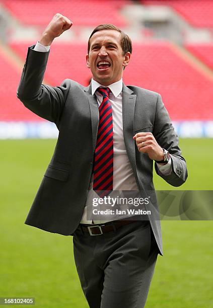 Newport County A.F.C manager Justin Edinburgh celebrates after winning the Blue Square Bet Premier Conference Play-off Final between Wrexham and...