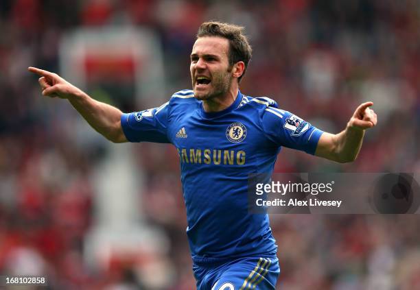 Juan Mata of Chelsea celebrates after scoring the winning goal during the Barclays Premier League match between Manchester United and Chelsea at Old...