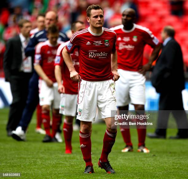 Jay Harris of Wrexham looks dejected at the close of the Blue Square Bet Premier Conference Play-off Final match between Wrexham and Newport County...