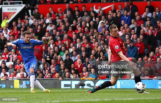 Juan Mata of Chelsea scores the winning goal during the Barclays Premier League match between Manchester United and Chelsea at Old Trafford on May 5,...