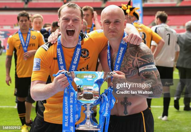 Lee Minshull and David Pipe of Newport County celebrate with the trophy after winning the Blue Square Bet Premier Conference Play-off Final between...