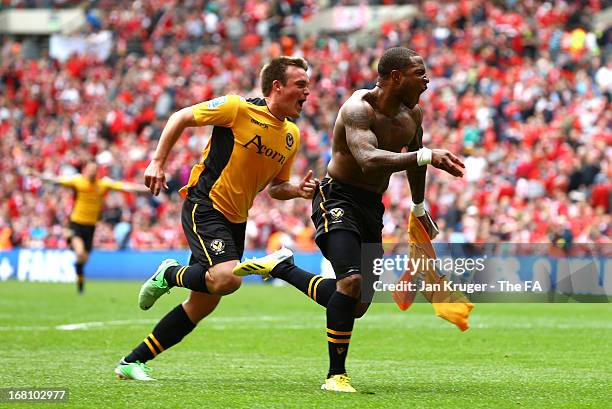 Aaron O'Connor of Newport County celebrates his goal during the Conference Premier play-off final match between Wrexham and Newport County at Wembley...