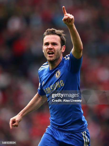 Juan Mata of Chelsea celebrates after scoring the winning goal during the Barclays Premier League match between Manchester United and Chelsea at Old...