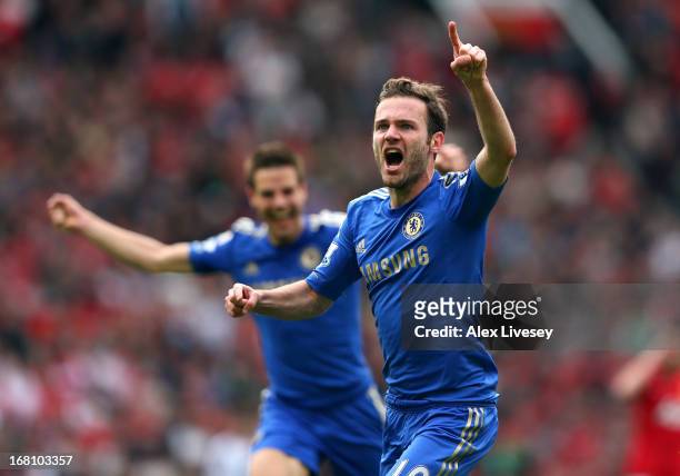 Juan Mata of Chelsea celebrates after scoring the winning goal during the Barclays Premier League match between Manchester United and Chelsea at Old...