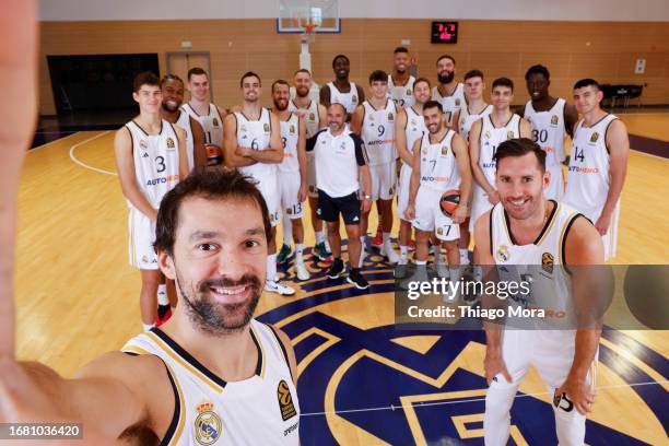 Players and Head Coach poses for a Selfie Team Picture during the 2023/2024 Turkish Airlines EuroLeague Real Madrid Media Day at Ciudad Deportiva del...