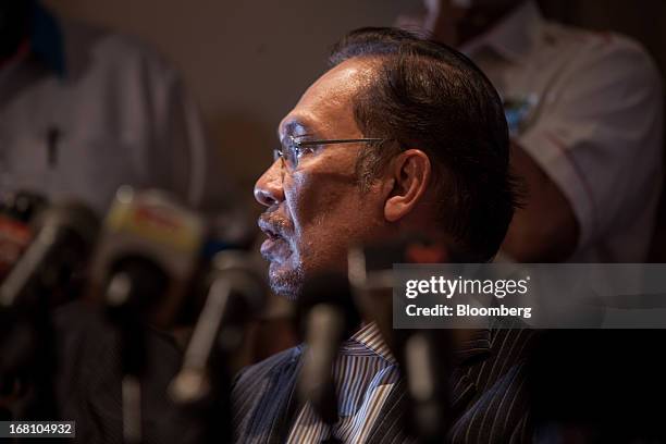 Anwar Ibrahim, Malaysia's opposition leader, speaks during a news conference at the One World Hotel in Kuala Lumpur, Malaysia, on Sunday, May 5,...