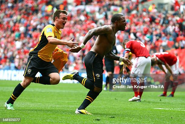 Aaron O'Connor of Newport County celebrates his goal during the Blue Square Bet Premier Conference play-off final match between Wrexham and Newport...