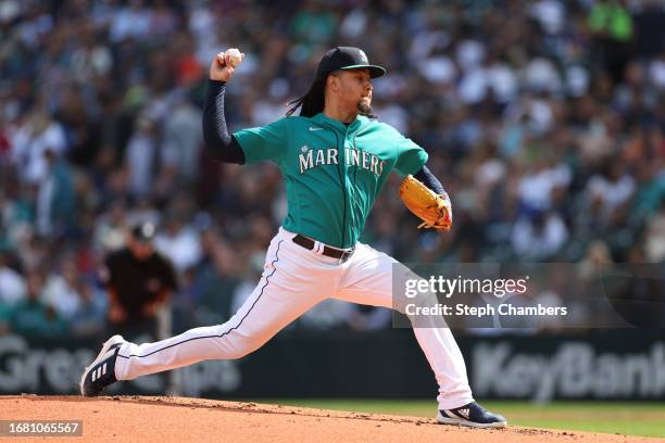 Luis Castillo of the Seattle Mariners pitches during the second inning against the Los Angeles Angels at T-Mobile Park on September 13, 2023 in...