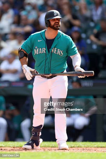 Mike Ford of the Seattle Mariners at bat against the Los Angeles Angels during the second inning at T-Mobile Park on September 13, 2023 in Seattle,...