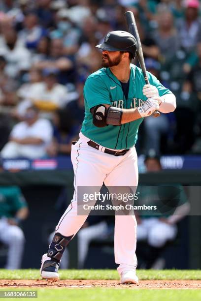 Mike Ford of the Seattle Mariners at bat against the Los Angeles Angels during the second inning at T-Mobile Park on September 13, 2023 in Seattle,...