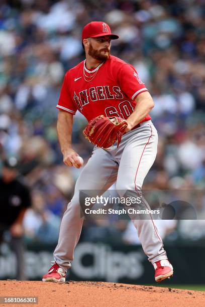 Andrew Wantz of the Los Angeles Angels pitches during the second inning against the Seattle Mariners at T-Mobile Park on September 13, 2023 in...