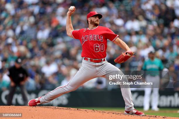 Andrew Wantz of the Los Angeles Angels pitches during the second inning against the Seattle Mariners at T-Mobile Park on September 13, 2023 in...