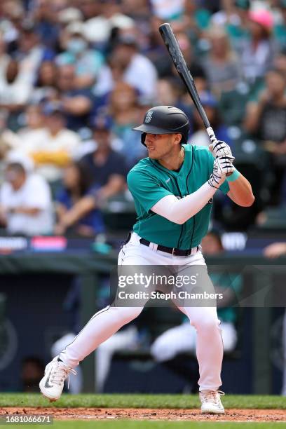 Dominic Canzone of the Seattle Mariners at bat against the Los Angeles Angels during the second inning at T-Mobile Park on September 13, 2023 in...