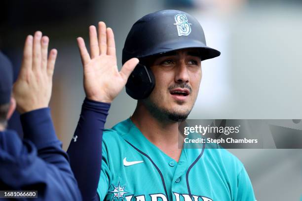 Josh Rojas of the Seattle Mariners reacts after his run during the third inning against the Los Angeles Angels at T-Mobile Park on September 13, 2023...