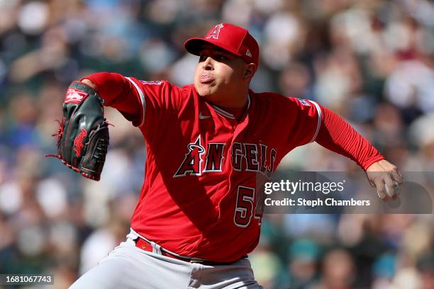 Jose Suarez of the Los Angeles Angels pitches during the fifth inning against the Seattle Mariners at T-Mobile Park on September 13, 2023 in Seattle,...