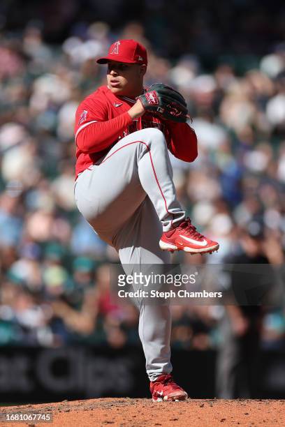 Jose Suarez of the Los Angeles Angels pitches during the fifth inning against the Seattle Mariners at T-Mobile Park on September 13, 2023 in Seattle,...