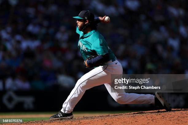 Andres Munoz of the Seattle Mariners pitches during the first inning against the Los Angeles Angels at T-Mobile Park on September 13, 2023 in...