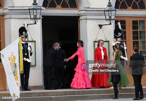 Princess Sofia, Princess Estelle and Prince Oscar arrive to the Royal Swedish Opera's jubilee performance at Drottningholm Palace Theatre on...