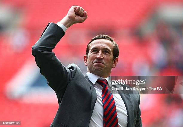 Manager of Newport County Justin Edinburgh celebrates the win during the Blue Square Bet Premier Conference play-off final match between Wrexham and...