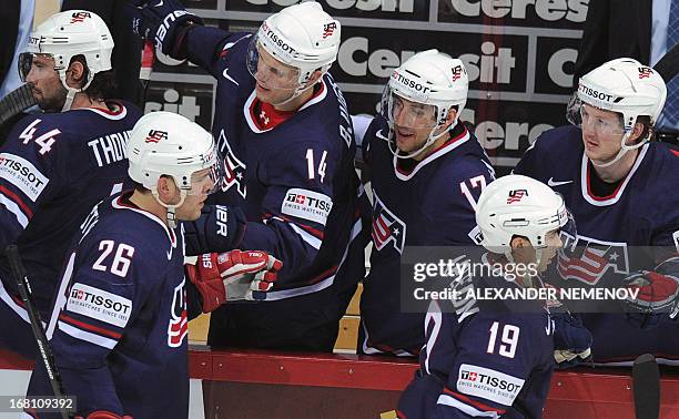 Players celebrate scoring during the preliminary round match Latvia vs United States of the IIHF International Ice Hockey World Championship in...