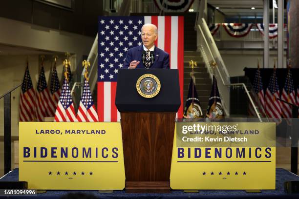 President Joe Biden delivers remarks at Prince George's Community College on September 14, 2023 in Largo, Maryland. Biden spoke on his economic plan,...