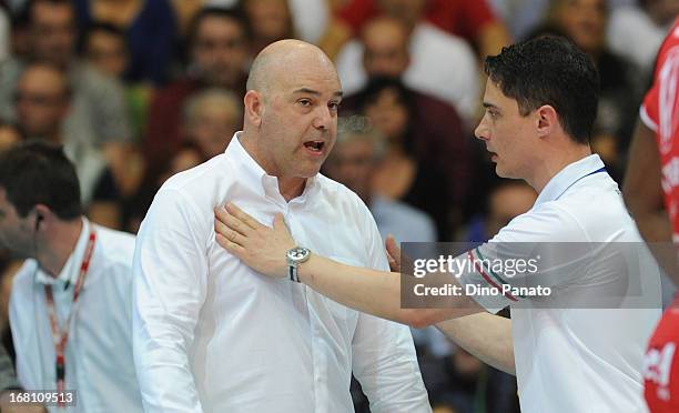 Luca Monti head coach of Copra Elior Piacenza reacts during game 4 of Playoffs Finals between Copra Elior Piacenza and Itas Diatec Trentino at...