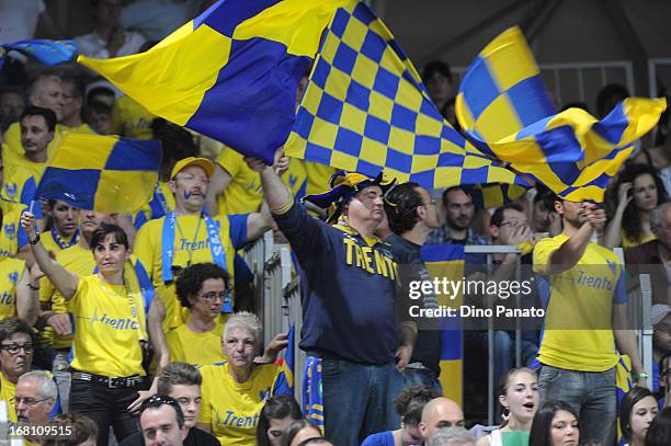 Itas Diatec Trentino fans wave flags as they show their support during game 4 of Playoffs Finals between Copra Elior Piacenza and Itas Diatec...