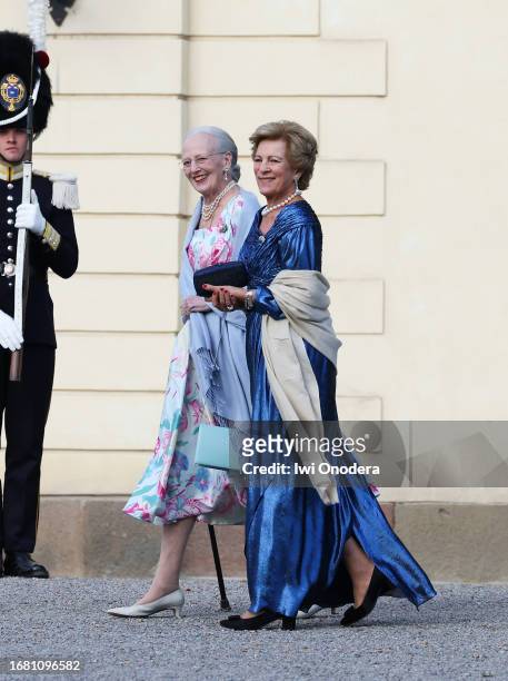 Queen Margrethe II of Denmark and Queen Anne-Marie of Greece arrive to the Royal Swedish Opera's jubilee performance at Drottningholm Palace Theatre...