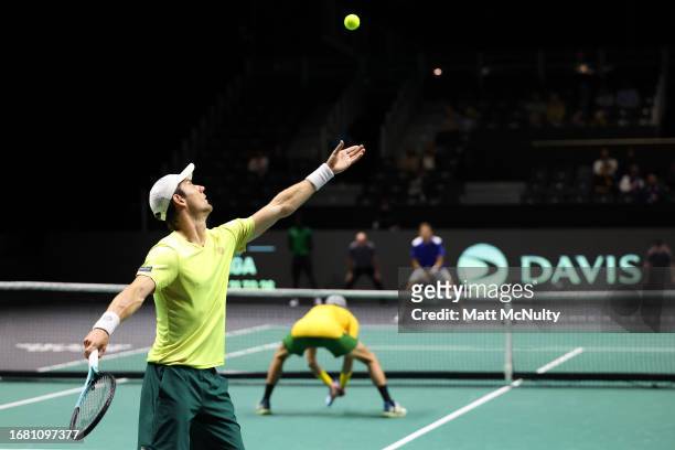Matthew Ebden of Team Australia serves during the Davis Cup Finals Group Stage match between France and Australia at AO Arena on September 14, 2023...