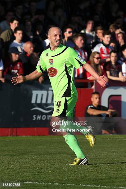 Luke Guttridge of Northampton Town celebrates after scoring his team's first goal during the npower League Two Play Off Semi Final Second Leg between...