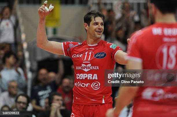 Hristo Zlatanov of Copra Elior Piacenza celebrates after scoring a point during game 4 of Playoffs Finals between Copra Elior Piacenza and Itas...