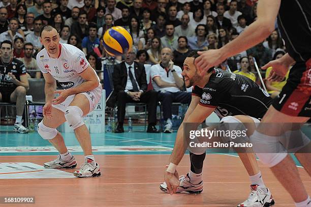 Osmani Juantorena of Itas Diatec Trentino returns the ball during game 4 of Playoffs Finals between Copra Elior Piacenza and Itas Diatec Trento at...