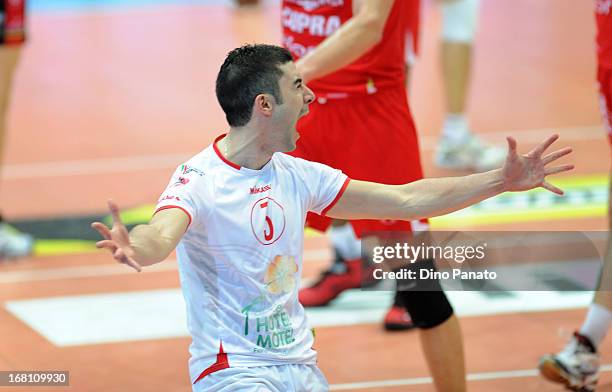 Davide Marra of Copra Elior Piacenza celebrates after scoring a point during game 4 of Playoffs Finals between Copra Elior Piacenza and Itas Diatec...