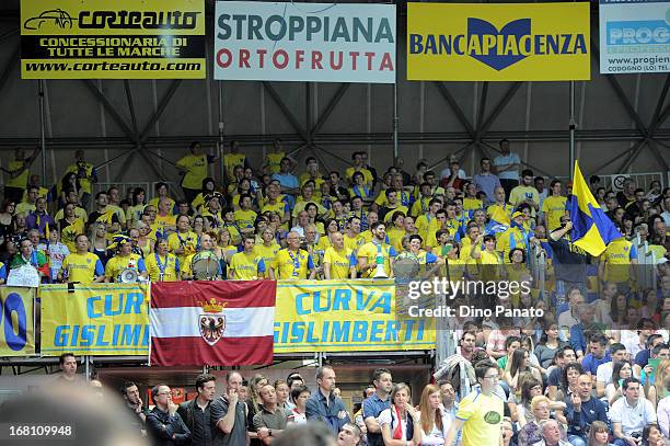 Itas Diatec Trentino fans show their support during game 4 of Playoffs Finals between Copra Elior Piacenza and Itas Diatec Trento at Palabanca on May...