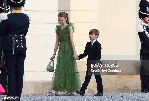 Princess Estelle and Prince Oscar arrive to the Royal Swedish Opera's jubilee performance at Drottningholm Palace Theatre on September 14, 2023 in...