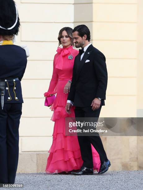 Princess Sofia and Prince Carl Philip arrive to the Royal Swedish Opera's jubilee performance at Drottningholm Palace Theatre on September 14, 2023...
