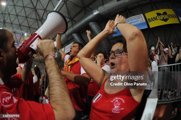 Cora Elior Piacenza fans show their support during game 4 of Playoffs Finals between Copra Elior Piacenza and Itas Diatec Trento at Palabanca on May...