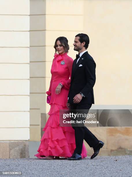 Princess Sofia and Prince Carl Philip arrive to the Royal Swedish Opera's jubilee performance at Drottningholm Palace Theatre on September 14, 2023...