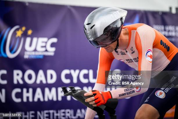 Sjoerd Bax of the Netherlands focuses before competing in the Elite Mixed Team Relay of the 2023 UEC Road Cycling European Championships at WILDLANDS...