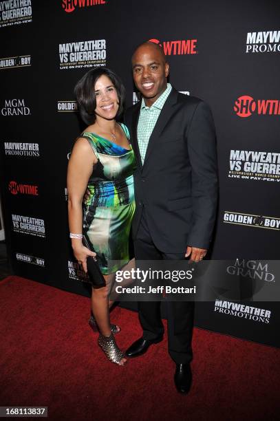 Personality Kevin Frazier and wife Yazmin Frazier arrive at a VIP pre-fight party at the WBC welterweight title fight between Floyd Mayweather Jr....