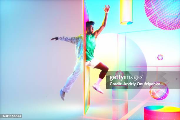 jumping through metaverse portal - futuristic man stock pictures, royalty-free photos & images