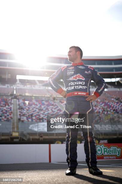 Ty Majeski, driver of the Road Ranger Ford, looks on during qualifying for the NASCAR Craftsman Truck Series UNOH 200 presented by Ohio Logistics at...