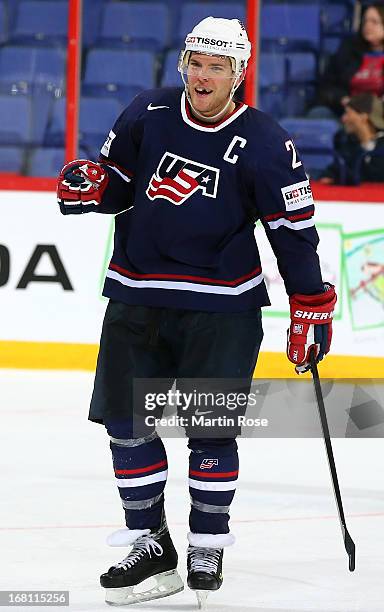 Paul Stastny of USA celebrates after the IIHF World Championship group H match between Latvia and USA at Hartwall Areena on May 5, 2013 in Helsinki,...