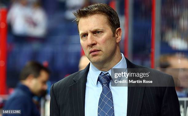 Joe Sacco, head coach of USA reacts during the IIHF World Championship group H match between Latvia and USA at Hartwall Areena on May 5, 2013 in...