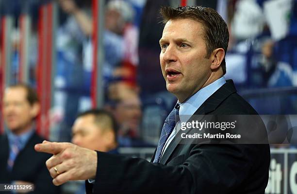 Joe Sacco, head coach of USA reacts during the IIHF World Championship group H match between Latvia and USA at Hartwall Areena on May 5, 2013 in...