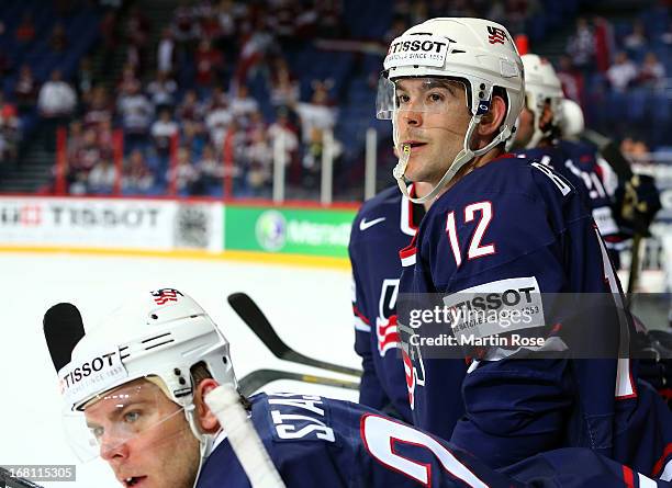 Bobby Butler of USA reacts during the IIHF World Championship group H match between Latvia and USA at Hartwall Areena on May 5, 2013 in Helsinki,...